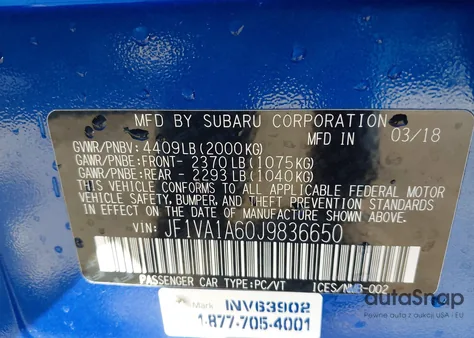 2018 Subaru Wrx z USA, uszkodzony, nr VIN JF1VA1A60J9836650